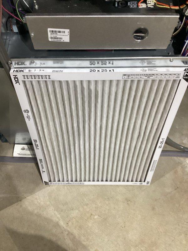 Completed annual cooling maintenance on 8-year-old Lennox CX36-30/36C-8F-1 air conditioning system. Performed comprehensive tune-up inspection including refrigerant level verification, electrical connections check, condenser coil assessment, and system performance evaluation. Replaced air filters with new 20x25x1 and 30x36x1 units to ensure proper airflow and system efficiency.