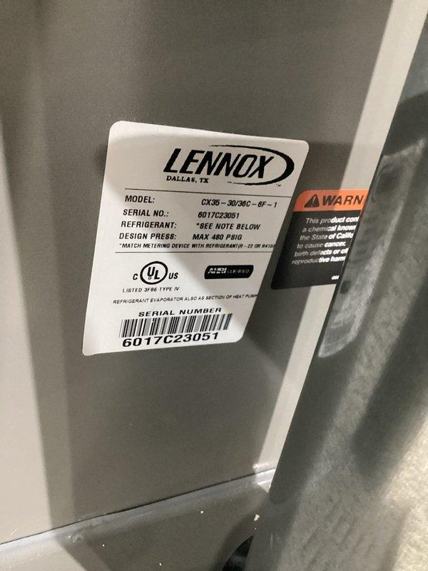 Completed annual cooling maintenance on 8-year-old Lennox CX36-30/36C-8F-1 air conditioning system. Performed comprehensive tune-up inspection including refrigerant level verification, electrical connections check, condenser coil assessment, and system performance evaluation. Replaced air filters with new 20x25x1 and 30x36x1 units to ensure proper airflow and system efficiency.