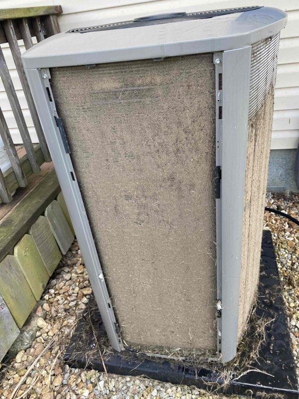 Completed comprehensive cooling tune-up on 1-year-old residential AC system with outdoor condenser unit and indoor air handler located in bedroom closet. Performed standard maintenance protocol including filter inspection, system operation verification, and visual equipment assessment. Noted heavily soiled air filter with significant dirt and debris accumulation requiring replacement to maintain proper airflow and system efficiency.