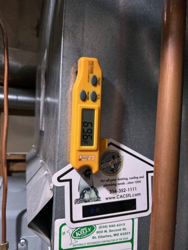 Responded to no-cooling call on 5-year-old Lennox residential AC system. Upon inspection, diagnosed and resolved the issue affecting whole-home comfort. Verified system operation with temperature readings at supply (52.5°F) and return (-59.9°F) registers, confirming proper cooling differential and system functionality. System restored to normal operation with all zones cooling effectively.