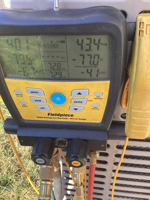 Responded to no cooling call on 10+ year old system struggling to maintain temperature. Upon arrival, performed diagnostic testing using refrigerant manifold and micron gauge on outdoor condensing unit. Pressure readings indicated system operating at 901 PSIG on high side and 434 PSIG on low side with subcooling at -770 and superheat measurements showing system imbalance. Inspected indoor furnace/air handler unit in basement and verified airflow operation. System required refrigerant charge adjustment and performance optimization to restore proper cooling capacity.
