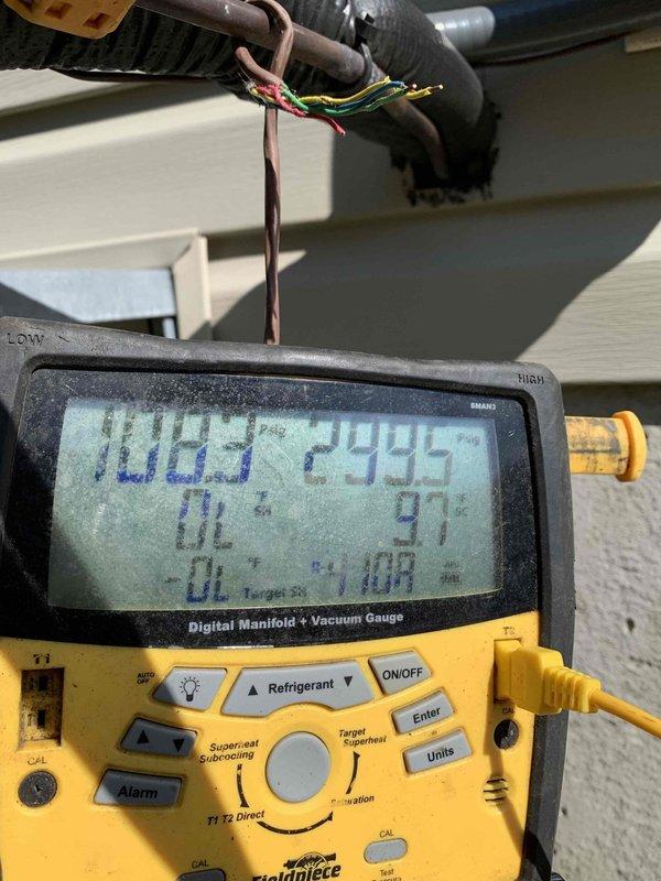 Responded to no cooling call with reported freeze-up condition on residential air conditioning system located in side yard, unit under 10 years old. Upon arrival, found evaporator coil frozen over. Performed system diagnostics using digital manifold gauges to check refrigerant pressures and system operation. Inspected airflow components including supply vents and ductwork. Identified restricted airflow as primary cause of freeze condition. Advised system shutdown to allow coil to thaw completely before further operation. Documented system conditions with photos of diagnostic equipment readings and ventilation components for service records.