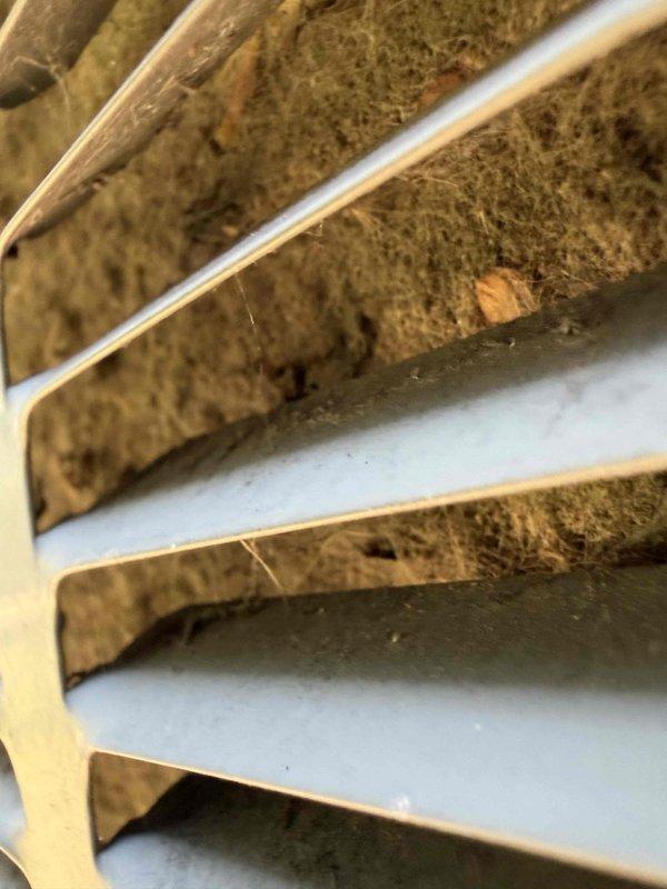 Responded to no cooling complaint on nine-year-old air conditioning unit. Upon inspection, found severely restricted airflow due to heavily clogged evaporator coil and return air grille. Evaporator coil fins were packed with dust, lint, and debris accumulation, significantly reducing heat transfer capability and system efficiency. Return air vent showed extensive buildup of fibrous material, pet hair, and household dust blocking proper air circulation. Cleaned evaporator coil and return air grille, removing all accumulated debris. Restored proper airflow through system, verified adequate cooling operation, and unit returned to normal performance parameters.