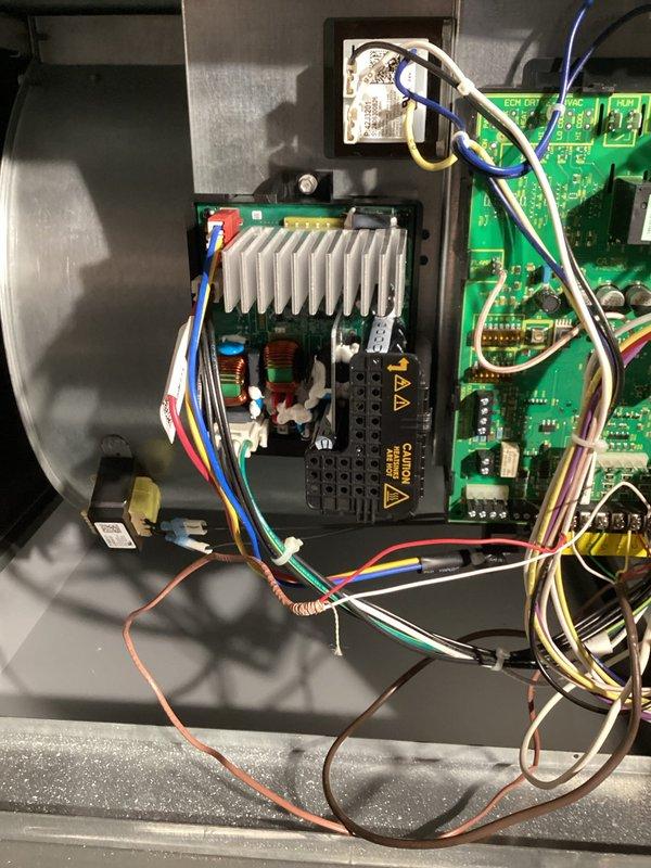 Replaced defective blower motor and motor drive assembly under warranty on unit S/N 5924J16368 due to no cooling condition. Removed failed motor from blower housing, installed new motor assembly with drive components, reconnected all electrical connections including capacitor wiring, and verified proper operation of blower assembly upon completion.