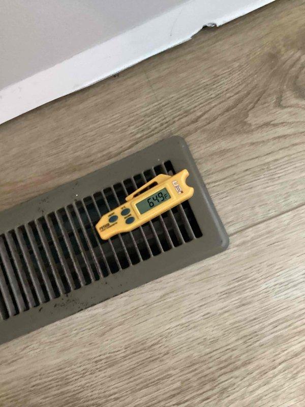 Responded to no cooling complaint on 7-year-old Lennox residential air conditioning system. Upon arrival, confirmed unit was blowing warm air with supply register temperature reading 61.6°F, indicating inadequate cooling. Inspected outdoor condenser unit and found system operational but not performing to specifications. Advised customer to shut off humidifier as instructed. Documented equipment condition and temperature readings for diagnostic purposes.