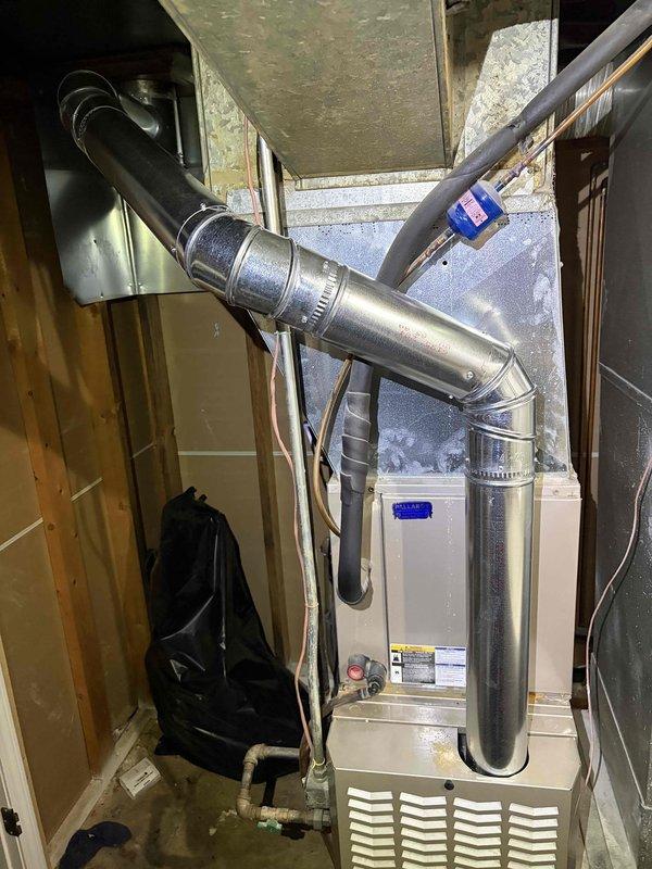 Completed flue pipe repair on residential furnace system. Removed and replaced deteriorated 10 feet of 4-inch flue pipe and installed four 4-inch elbows due to significant internal debris accumulation, corrosion, and material breakdown that compromised proper venting. System tested and confirmed operational upon completion.