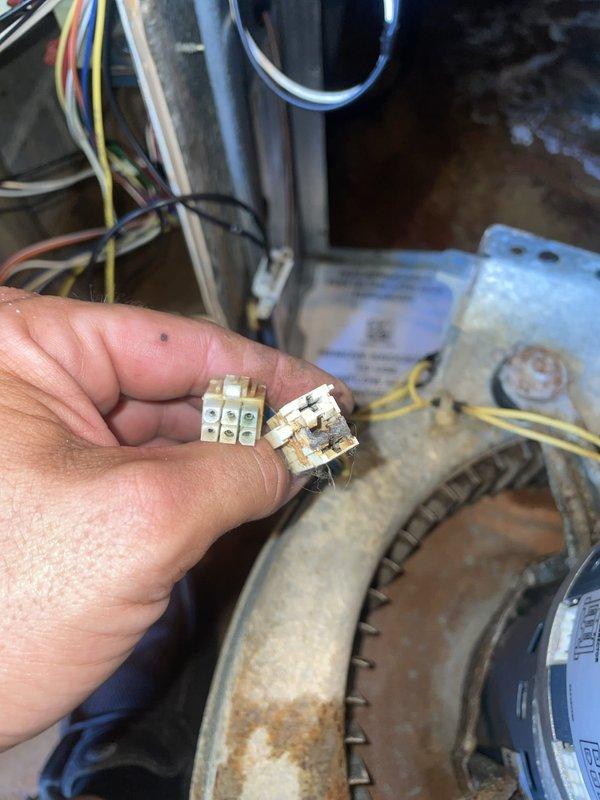 Replaced failed blower motor on Trane unit (serial 21446p4ajg) that had ceased operation. Upon inspection, discovered severely burned and charred electrical connectors at the motor connection point, indicating electrical failure and overheating. Removed old blower motor assembly showing significant rust and corrosion on housing. Installed new blower motor with fresh electrical connections and verified proper operation. System tested and confirmed cooling functionality restored with thermostat responding correctly to temperature calls.