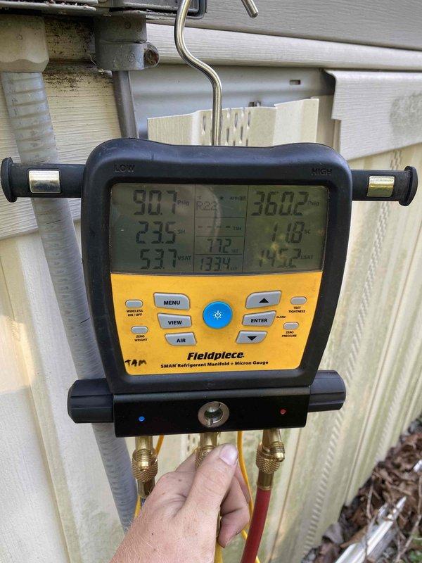 # HVAC Service Completed

Responded to a no-cool service call for a residential cooling system over 10 years old located in the backyard. Upon arrival, customer reported the unit was not maintaining set temperature. Performed diagnostic testing using digital refrigerant manifold gauges to measure system pressures and temperatures across the refrigeration circuit. Readings indicated abnormal operating conditions affecting cooling capacity. Utilized digital multimeter to test electrical components and verify proper voltage and current flow to the system. Conducted thorough system evaluation to identify root cause of insufficient cooling performance. Documented findings with diagnostic equipment readings for repair recommendations.