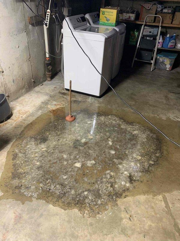 Responded to urgent basement flooding situation with water actively rising through floor drain. Upon arrival, found significant water accumulation on basement floor near laundry area with visible staining and moisture damage to concrete surface. Deployed Spartan motorized drain cleaning equipment to clear main sewer line obstruction causing backup. Successfully cleared blockage in basement drain system, restoring proper drainage flow and eliminating active water intrusion. Verified system functionality and confirmed water was draining properly through floor drain without further backup.