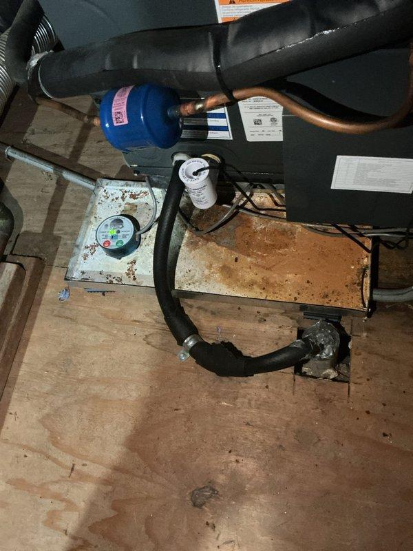 Responded to callback for beeping noise from kitchen AC vent on 5-year-old Daikin system. Upon inspection, discovered significant water damage and mold growth on walls near ceiling vent, indicating active moisture intrusion. Traced issue to attic-mounted air handler where extensive rust and corrosion was found on condensate drain pan and surrounding components. Confirmed beeping originated from condensate overflow safety switch activated due to blocked or malfunctioning drain system. Documented severe deterioration of base pan and potential secondary drain line failure. Recommended immediate condensate system repair, drain pan replacement, air handler evaluation for further corrosion damage, and professional mold remediation of affected interior surfaces to prevent health hazards and structural damage.
