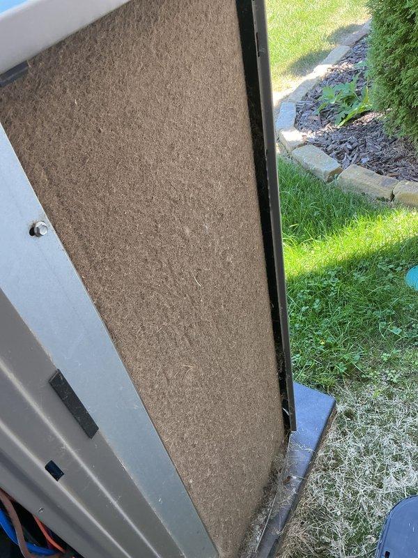 Responded to no cooling complaint on Lennox system with thermostat displaying "outdoor unit pressure strike out" alert affecting entire home. Upon inspection, discovered severely clogged outdoor unit filter restricting airflow to condensing unit. Removed and cleaned/replaced heavily soiled filter showing extensive dust and debris accumulation. Cleared pressure fault, restored proper airflow to outdoor unit, and verified system returned to normal cooling operation. System tested and operating within manufacturer specifications.