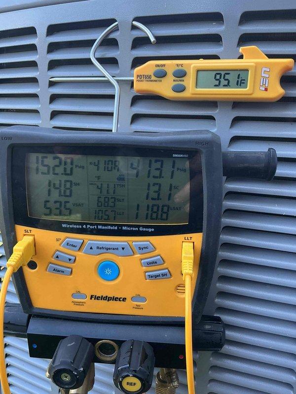 Responded to callback for 5-year-old unit with ongoing no cooling complaint. Previous technician had advised customer to clean unit, but issue persisted. Performed comprehensive diagnostic evaluation using digital manifold gauges and temperature probes. Measured supply air temperature at floor register reading 58.4°F and return air temperature at 95°F, indicating inadequate cooling performance. Conducted refrigerant pressure and temperature analysis across system to identify root cause of cooling deficiency. Documentation captured for recall warranty processing.