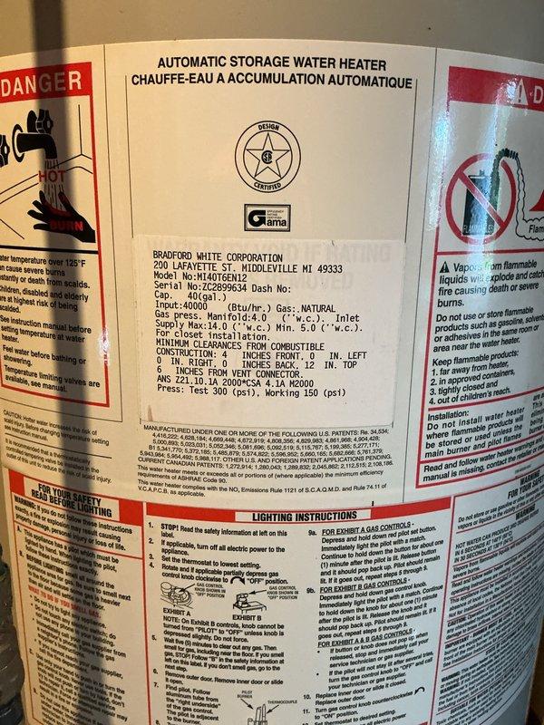 Installed a 40-gallon tall natural gas water heater manufactured by Bradford White Corporation with a 40,000 BTU/hr rating. Connected existing copper supply lines to the new unit and verified all gas connections, safety controls, and proper venting in accordance with manufacturer specifications.