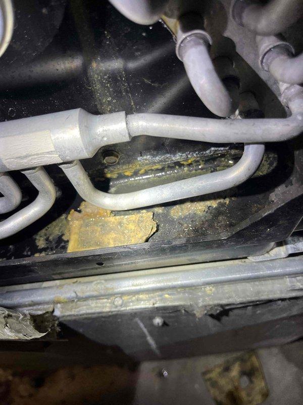 Responded to report of water leaking from basement air conditioning system. Upon inspection, discovered excessive debris and sediment buildup in the condensate drain line causing blockage and water overflow. Cleared the obstruction from the drain system, flushed the condensate line, and verified proper drainage flow. Inspected the 10-year-old air handler unit and associated refrigerant lines for any additional issues; all components found to be functioning properly after drain line service.