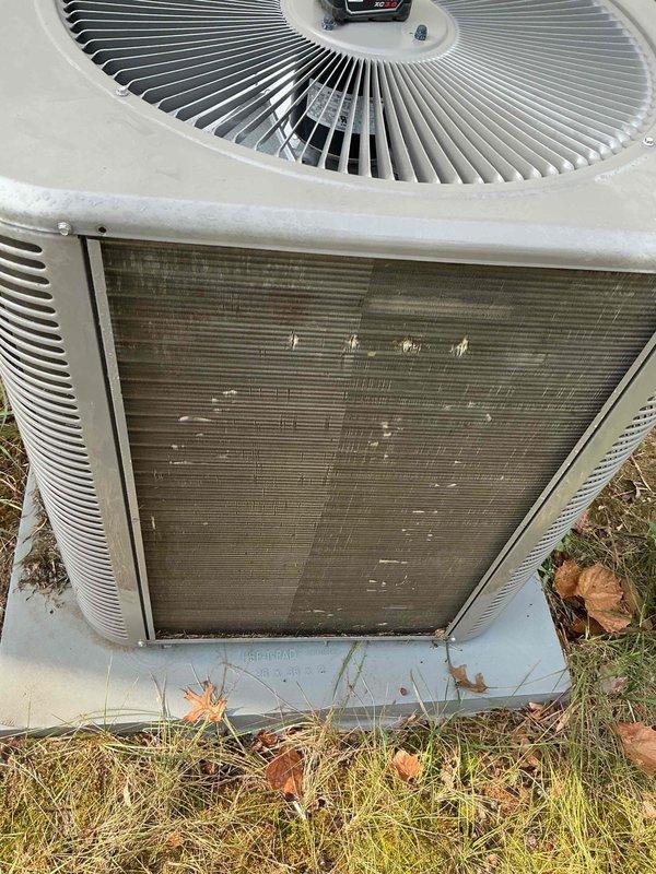 Completed comprehensive Supertune maintenance on Lennox furnace and 7-year-old Lennox AC condenser unit. Performed thorough inspection and cleaning of outdoor condenser coil which showed significant dirt and debris accumulation between fins, reducing heat transfer efficiency. Cleaned condenser coils, removed organic debris from unit base and perimeter, and verified proper fan operation. Inspected furnace system and confirmed operational status from previous heating season. All components tested and operating within normal parameters upon completion.