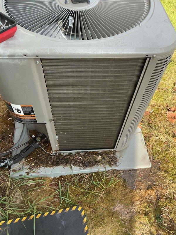 Completed comprehensive Supertune maintenance on Lennox furnace and 7-year-old Lennox AC condenser unit. Performed thorough inspection and cleaning of outdoor condenser coil which showed significant dirt and debris accumulation between fins, reducing heat transfer efficiency. Cleaned condenser coils, removed organic debris from unit base and perimeter, and verified proper fan operation. Inspected furnace system and confirmed operational status from previous heating season. All components tested and operating within normal parameters upon completion.