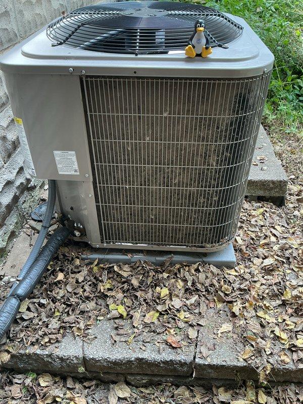 Completed comprehensive cooling system tune-up on outdoor condensing unit located on side of home. Performed full preventative maintenance protocol including inspection of compressor operation, refrigerant levels, electrical connections, and condenser coil condition. Unit showed signs of age with accumulated debris in coil fins; cleaned exterior surfaces and removed organic matter from base area to ensure proper airflow and efficient operation.