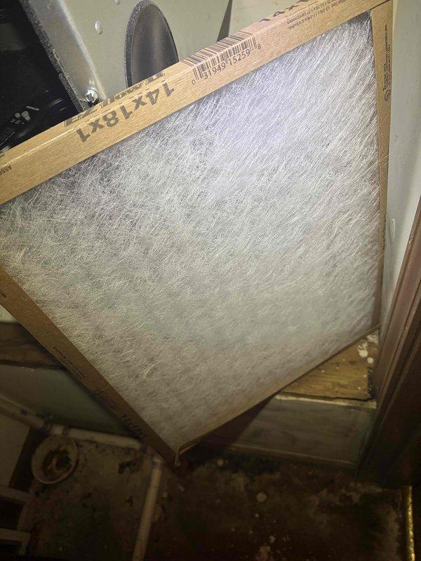 Responded to recall for persistent water leak from 1-year-old AC system in utility closet. Upon arrival, confirmed active leak with saturated filter pad, wet flooring extending to exterior carpeting, and visible mold growth on drywall surfaces. Inspected evaporator coil drain system and condensate management components. Documented extensive moisture damage to concrete floor, walls, and surrounding areas with photographic evidence showing compromised building materials and microbial growth. System requires immediate attention to condensate drain line, drain pan integrity, and proper drainage function to prevent continued water intrusion and further structural damage.