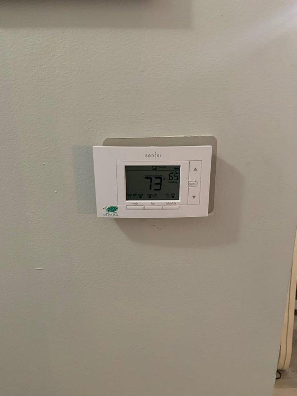 Replaced existing Nest thermostat with new Sensi digital thermostat. Verified proper wiring connections and mounted unit to wall. Tested heating and cooling system operation to confirm proper communication between new thermostat and HVAC equipment. Both heating and cooling modes cycled on successfully with accurate temperature control and display functionality. System confirmed operational with no additional issues identified.