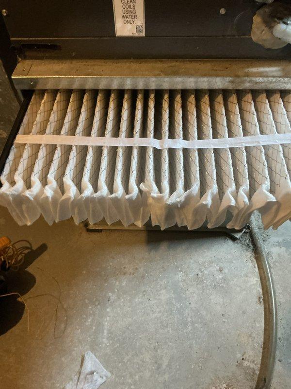 Completed cooling maintenance tune-up on 3-year-old Lennox system experiencing reduced cooling performance. Inspected and documented dirty air filter with significant dust accumulation and outdoor condenser coil showing debris buildup and fin damage. Performed standard maintenance procedures including system inspection, cleaning, and testing to restore proper cooling operation.