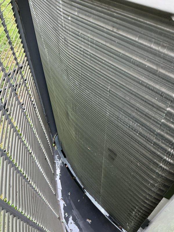 Completed cooling maintenance tune-up on 3-year-old Lennox system experiencing reduced cooling performance. Inspected and documented dirty air filter with significant dust accumulation and outdoor condenser coil showing debris buildup and fin damage. Performed standard maintenance procedures including system inspection, cleaning, and testing to restore proper cooling operation.