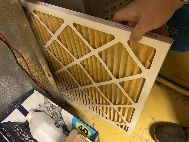 Responded to no cooling call affecting entire residence. Upon arrival, performed diagnostic testing using digital manifold gauges to measure system pressures and temperatures. Inspected air filtration system and found dirty air filter restricting airflow. Replaced air filter with new pleated media filter to restore proper airflow through the system. Verified refrigerant pressures and system operation, confirming unit returned to normal cooling function after filter replacement.