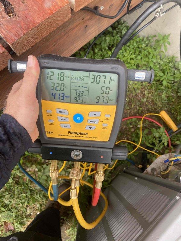 Responded to no cooling call affecting entire residence. Upon arrival, performed diagnostic testing using digital manifold gauges to measure system pressures and temperatures. Inspected air filtration system and found dirty air filter restricting airflow. Replaced air filter with new pleated media filter to restore proper airflow through the system. Verified refrigerant pressures and system operation, confirming unit returned to normal cooling function after filter replacement.
