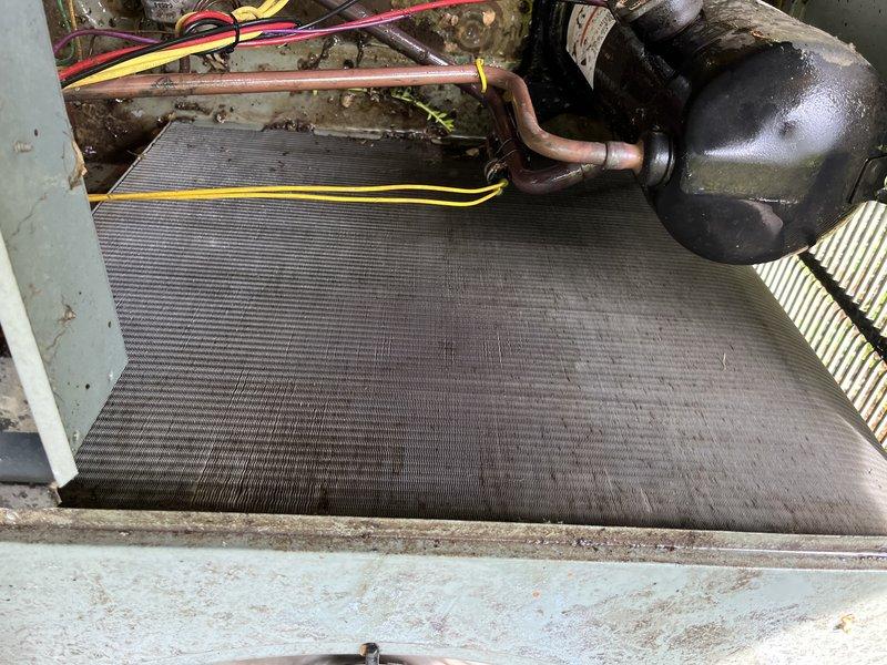 Responded to no-cool service call for residential AC system unable to maintain temperature below 81 degrees. Upon arrival, performed comprehensive system diagnostic on outdoor condensing unit and indoor air handler. Inspected evaporator coil assembly, which showed moderate dust accumulation and signs of aging but remained structurally intact. Verified refrigerant line connections at compressor and accumulator, noting copper piping displayed oxidation consistent with system age. Examined electrical connections including control wiring and confirmed proper terminations at disconnect box. Assessed condenser unit positioned on exterior concrete pad with visible debris accumulation on top grille and surrounding area. Documented overall system condition showing wear patterns typical of older equipment, including dirt buildup on internal components, weathered housing surfaces, and environmental exposure. Verified unit accessibility and operational status following customer instruction to keep