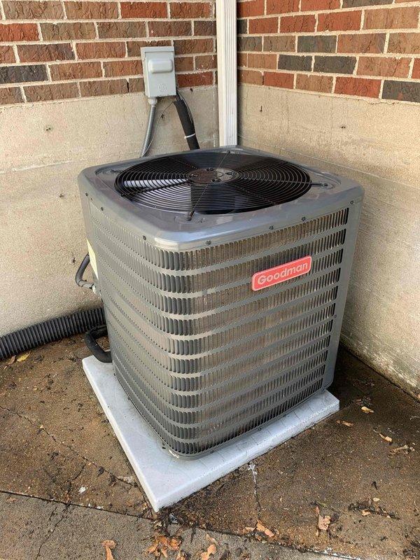 Replaced failed compressor on Goodman condenser unit under warranty. Evacuated system, installed new compressor, pressure tested, pulled vacuum, and recharged system to manufacturer specifications. Verified proper operation with manifold gauges showing system pressures within normal range and unit cooling effectively.