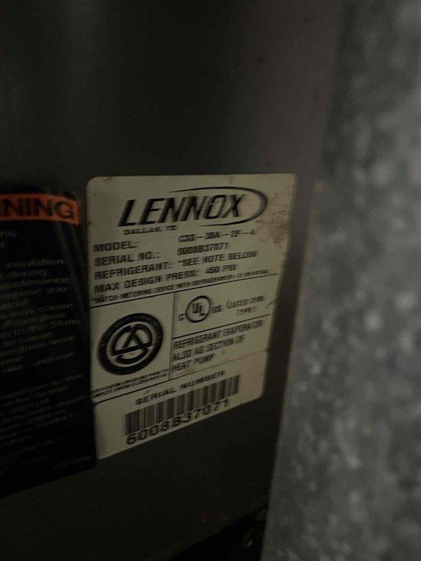 Completed preventative maintenance tune-up on a Lennox air conditioning unit (Model: PCB-30A-0F, Serial: 9D06337071) located on the side of the home. Inspected system components, verified refrigerant specifications, and replaced dirty 16x25x1 air filter that showed significant dust accumulation and discoloration, which was restricting airflow and reducing system efficiency.