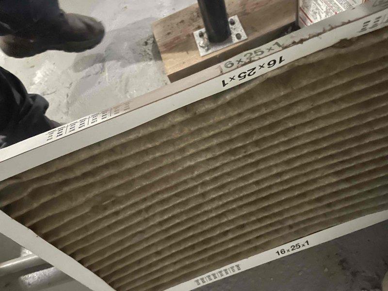 Completed preventative maintenance tune-up on a Lennox air conditioning unit (Model: PCB-30A-0F, Serial: 9D06337071) located on the side of the home. Inspected system components, verified refrigerant specifications, and replaced dirty 16x25x1 air filter that showed significant dust accumulation and discoloration, which was restricting airflow and reducing system efficiency.