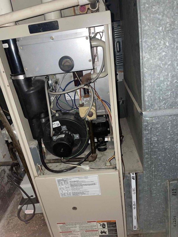 Completed comprehensive Supertune maintenance service on a 10-year-old split system with furnace located in basement and AC unit in backyard. Performed full system inspection, cleaned and serviced all accessible components including blower assembly, draft inducer motor, and electrical connections. Verified proper operation of both heating and cooling systems, documented equipment condition with interior component photography showing normal wear consistent with age, and ensured all safety controls and wiring connections were secure and functioning properly.