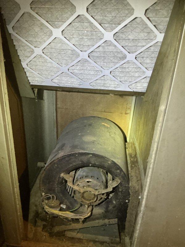 # HVAC Service - No Cool 10+

Responded to service call for outdoor unit making unusual noises during shutdown cycle on 10+ year old system. Upon arrival, performed comprehensive system inspection including indoor air handler and outdoor condensing unit. Inspected blower assembly and filter housing, noting accumulated dust and debris on blower wheel and housing surfaces. Checked indoor air handler components for proper operation and airflow restrictions. Evaluated outdoor unit for mechanical issues related to reported shutdown noise. Documented system conditions with photos showing blower assembly with visible dirt accumulation on squirrel-cage fan and filter housing, as well as overall basement installation configuration with ductwork connections. System evaluated for age-related wear and proper operation of all major components.