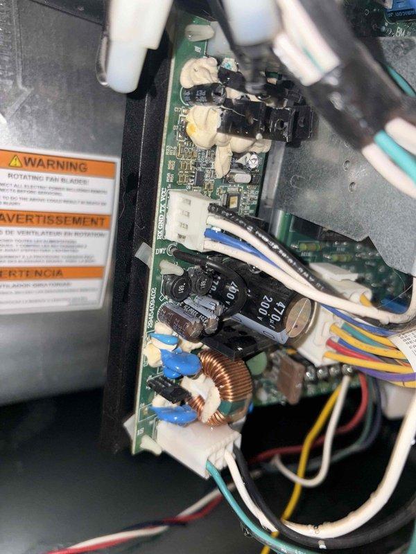 Responded to no cooling call on 9-year-old Trane 4-ton unit (Model: TOHIIC 100RCWAUBB). Upon inspection, discovered failed control board with visible corrosion and deterioration on circuit components, including damaged capacitors and connector terminals. Replaced defective control board, verified all electrical connections, and tested system operation. Unit restored to full cooling capacity with all safety controls functioning properly.