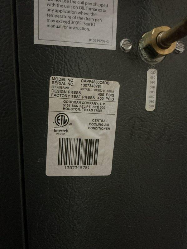 Completed preventive maintenance tune-up on Goodman central air conditioning system, model CAPF4860C6DB. Inspected and verified proper operation of electrical components including control board, contactor, capacitor, and all associated wiring connections within the air handler unit. Confirmed refrigerant type and system pressures are within manufacturer specifications, verified all safety labels and warnings are intact and legible.