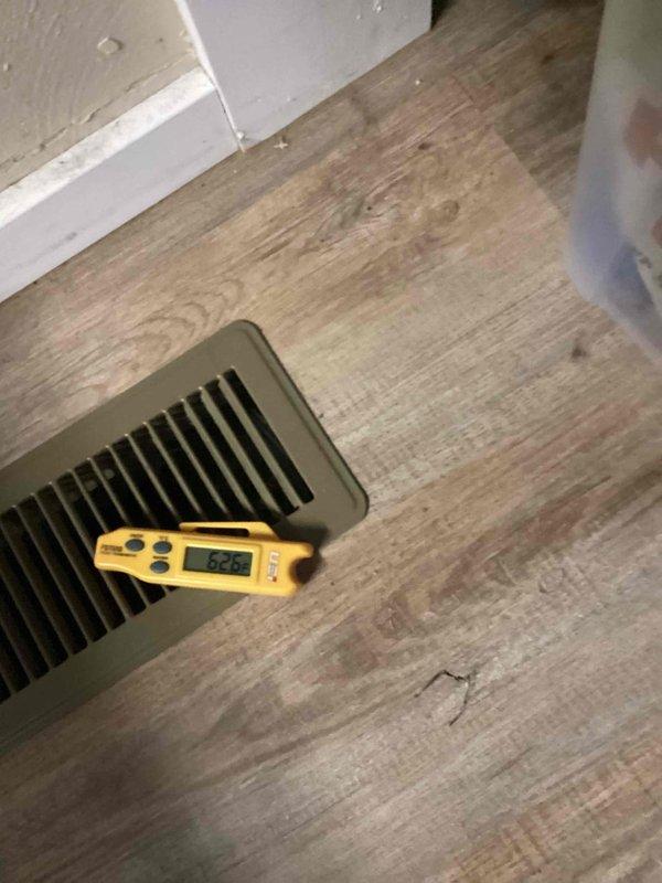 Responded to initial service call for suspected heating element malfunction. Air handler located in crawlspace approximately 40 feet under the house. Measured supply air temperatures at multiple registers, recording 82.8°F at one location. Scheduled follow-up visit to access air handler in crawlspace and inspect sequencer for potential stuck contact causing unintended heat activation.