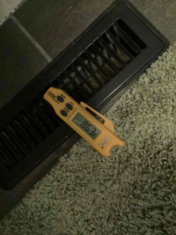 Responded to initial service call for suspected heating element malfunction. Air handler located in crawlspace approximately 40 feet under the house. Measured supply air temperatures at multiple registers, recording 82.8°F at one location. Scheduled follow-up visit to access air handler in crawlspace and inspect sequencer for potential stuck contact causing unintended heat activation.