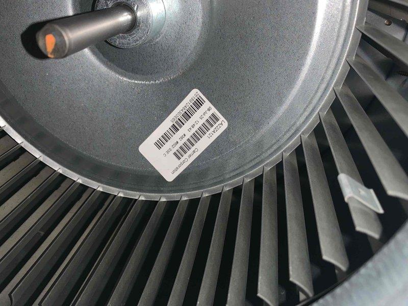 Responded to no cooling complaint on 5-year-old unit located in basement. Upon inspection, found blower motor assembly and evaporator coil in operational condition with no visible damage or debris accumulation. Verified blower wheel intact with proper blade alignment and motor shaft secure. Inspected evaporator coil fins showing good condition with minimal dirt buildup and no signs of refrigerant leakage or frost accumulation. System components photographed for documentation purposes.