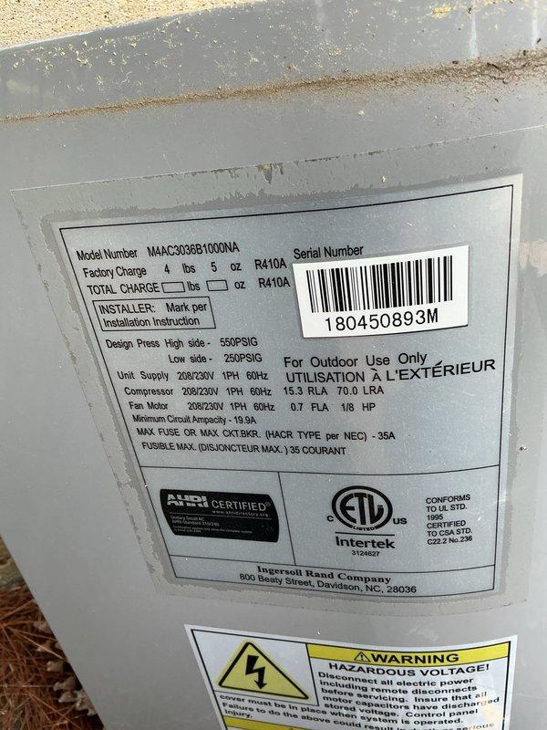 Responded to no cooling complaint on 10+ year old outdoor unit (Model MAMC306B1000NA). Customer reported system taking ten hours to reduce temperature by ten degrees following recent thermostat installation. Performed diagnostic evaluation using refrigerant manifold gauges to measure system pressures and temperatures on R410A split system. Unit specifications verified at 208/230V 1Ph 60Hz operation with design pressures of 550 PSIG high side and 250 PSIG low side. Comprehensive system performance assessment completed to identify cooling deficiency and determine necessary repairs.