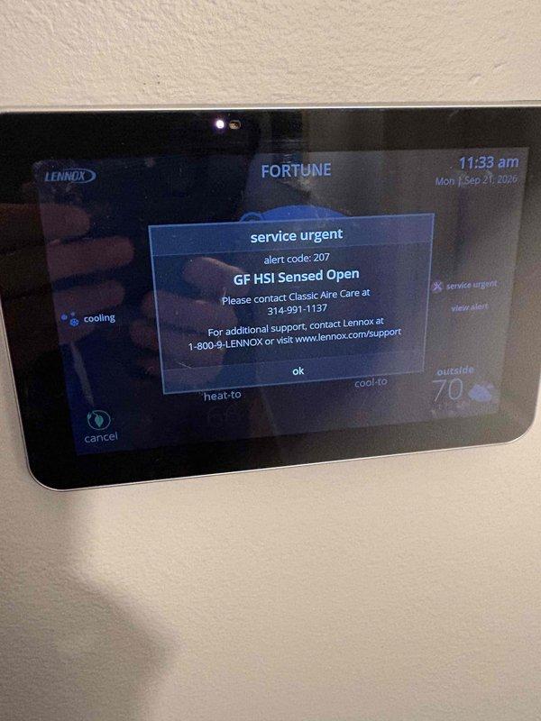 Responded to service urgent alert code 207 "GF HSI Sensed Open" on 4-year-old Lennox AC system. Upon arrival, unit was operating normally with no loss of cooling function. Inspected control board and hot surface ignitor circuit for gas furnace component. Alert indicated open circuit in HSI sensor wiring or failed ignitor element. Verified all electrical connections at control board, tested HSI resistance values, and confirmed gas furnace heating components. Cleared diagnostic code from Lennox iComfort thermostat interface. System tested successfully in cooling mode with no further alerts. Advised that alert pertains to heating system component and recommended monitoring during next heating season for proper ignitor operation.