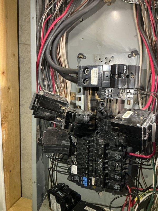 Responded to emergency service call for reported melting panel and breakers. Upon arrival, performed comprehensive inspection of electrical panel and all interior components. Thoroughly examined main breaker, branch circuit breakers, bus bars, wire connections, and all termination points for signs of overheating, melting, arcing, or thermal damage. Inspected all conductors entering and exiting the panel including service entrance cables and branch circuit wiring. Verified proper wire sizing, connection integrity, and torque specifications at all termination points. Tested and evaluated panel capacity and load distribution across circuits. Documented panel condition with detailed photographs showing current state of main disconnect, circuit breaker arrangement, wire routing, and overall installation. Panel assessment completed and findings documented for customer review and recommended corrective action plan.