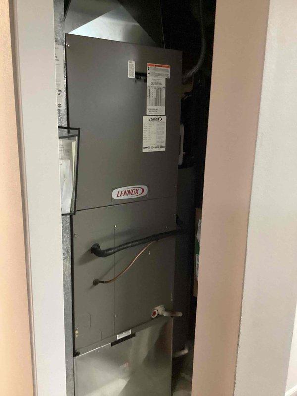 Responded to no cooling complaint on over 10-year-old Lennox system located in side yard with air handler in interior utility closet. Upon arrival, found system blowing warm air and unable to maintain setpoint as reported. Performed diagnostic evaluation of both indoor air handler and outdoor condensing unit, checking refrigerant pressures, electrical components, and airflow. Identified system deficiency preventing proper cooling operation. Provided customer with findings and repair options for the aging equipment. Unit was left in off position per customer's prior instruction pending repair approval.