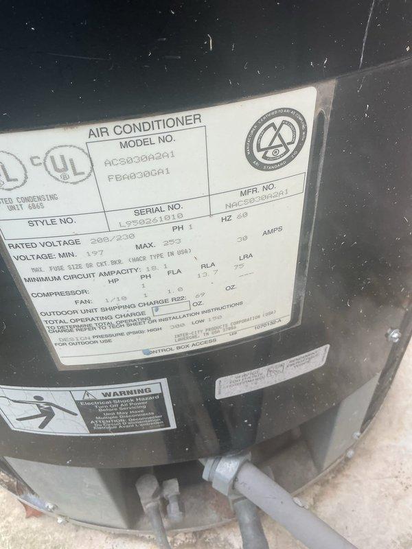 Responded to no cooling complaint on 10+ year old residential air conditioning unit located on side of home. Upon arrival, performed diagnostic evaluation using manifold gauges to measure system pressures and temperatures. Inspection revealed AC unit model AC58338A41 with compromised cooling performance. Tested refrigerant levels, compressor operation, and system pressures to identify root cause of cooling failure. Documented equipment nameplate data and current operating conditions. Provided free second opinion assessment as requested for new customer referral from neighboring property.