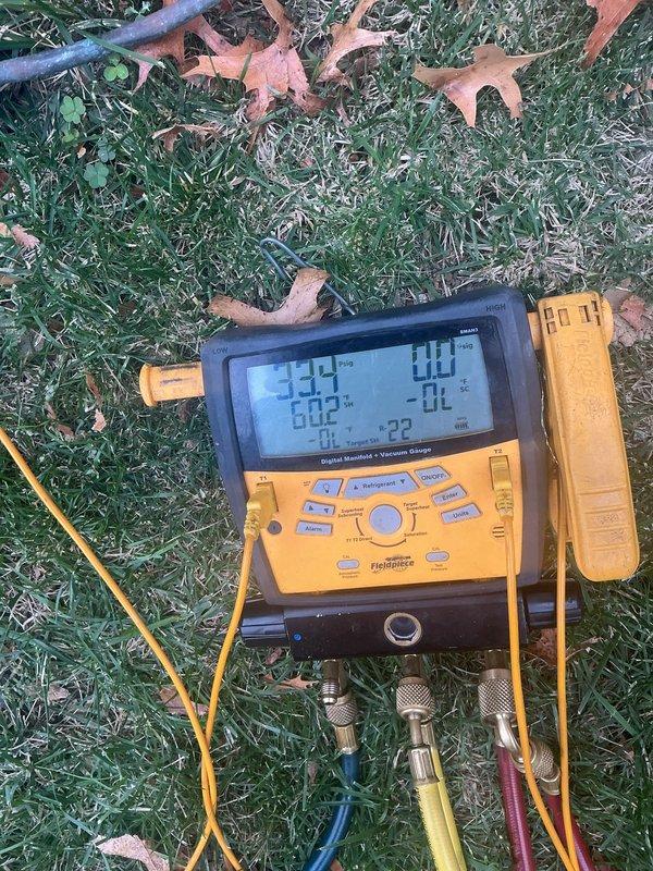 Responded to no cooling complaint on 10+ year old residential air conditioning unit located on side of home. Upon arrival, performed diagnostic evaluation using manifold gauges to measure system pressures and temperatures. Inspection revealed AC unit model AC58338A41 with compromised cooling performance. Tested refrigerant levels, compressor operation, and system pressures to identify root cause of cooling failure. Documented equipment nameplate data and current operating conditions. Provided free second opinion assessment as requested for new customer referral from neighboring property.