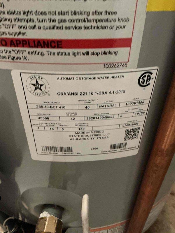 Responded to service call for no hot water and gas odor at residential property. Removed existing failed gas water heater from utility closet and installed new 40-gallon natural gas atmospheric vent water heater. Connected copper supply lines, gas piping with shutoff valve, temperature and pressure relief valve discharge piping, and verified proper venting. Tested all connections for leaks, confirmed proper gas combustion, and verified unit operation meets manufacturer specifications and local code requirements.