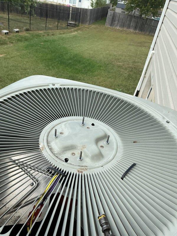 Replaced failed condenser fan motor with 5458 model from truck stock to restore proper airflow and unit operation. Removed and disposed of old motor, installed replacement motor, verified electrical connections at capacitor and contactor, and tested system for proper operation.