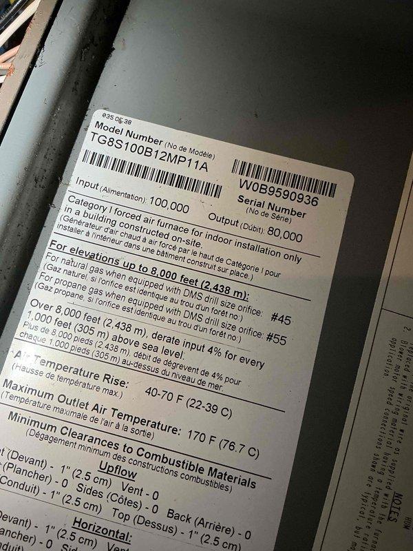 Completed comprehensive tune-up service on a 17-year-old Ruud gas-forced air furnace, model TG8S100B12MP11H, with 100,000 BTU input and 80,000 BTU output capacity. Performed standard maintenance procedures including inspection of all major components, burner assembly cleaning, heat exchanger examination, blower motor lubrication, air filter replacement, thermostat calibration verification on the PROSTAT+ digital unit currently set at 74°F, gas pressure testing, and combustion analysis to ensure proper operation and efficiency. System found to be operating within manufacturer specifications with temperature rise range of 40-70°F and all safety controls functioning properly.