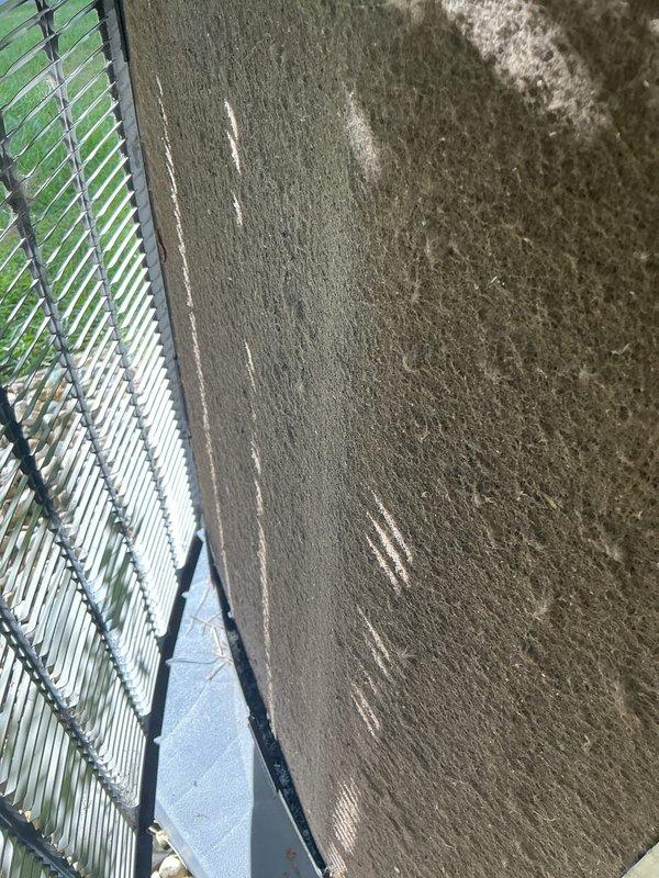Responded to service call for outdoor condensing unit experiencing loud banging noise, vibration, and intermittent shutdown under first-year warranty coverage. Upon inspection, discovered significant debris accumulation in condenser coil fins and surrounding components, which can cause airflow restriction, increased operating pressures, and potential compressor cycling issues. Documented unit condition with photographs showing heavy dirt buildup on exterior panels and within finned coil assembly, along with gravel and debris lodged between components that could contribute to operational noise and vibration concerns reported by customer.