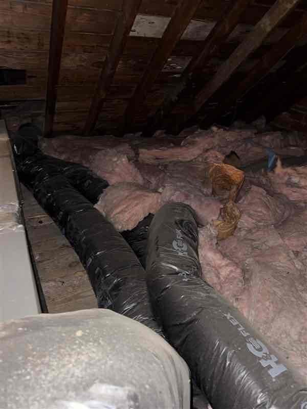 Returned to property during morning hours to conduct attic inspection that could not be completed during previous evening visit due to excessive heat conditions. Performed thorough evaluation of attic insulation and ductwork system to determine root cause of cooling issues. Found deteriorated and compressed insulation with uneven coverage throughout attic space, along with flexible HVAC ductwork requiring assessment. Documented conditions with photographs for further analysis and repair recommendations.