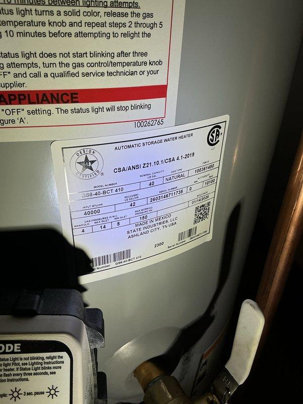 Installed a 40-gallon gas tall water heater (State Industries model S38-40-BCT 410) in accordance with permit #26PLU-19318. Unit was secured to structure with proper strapping, connected to existing copper supply lines and galvanized venting system, and tested for proper operation and safety compliance.